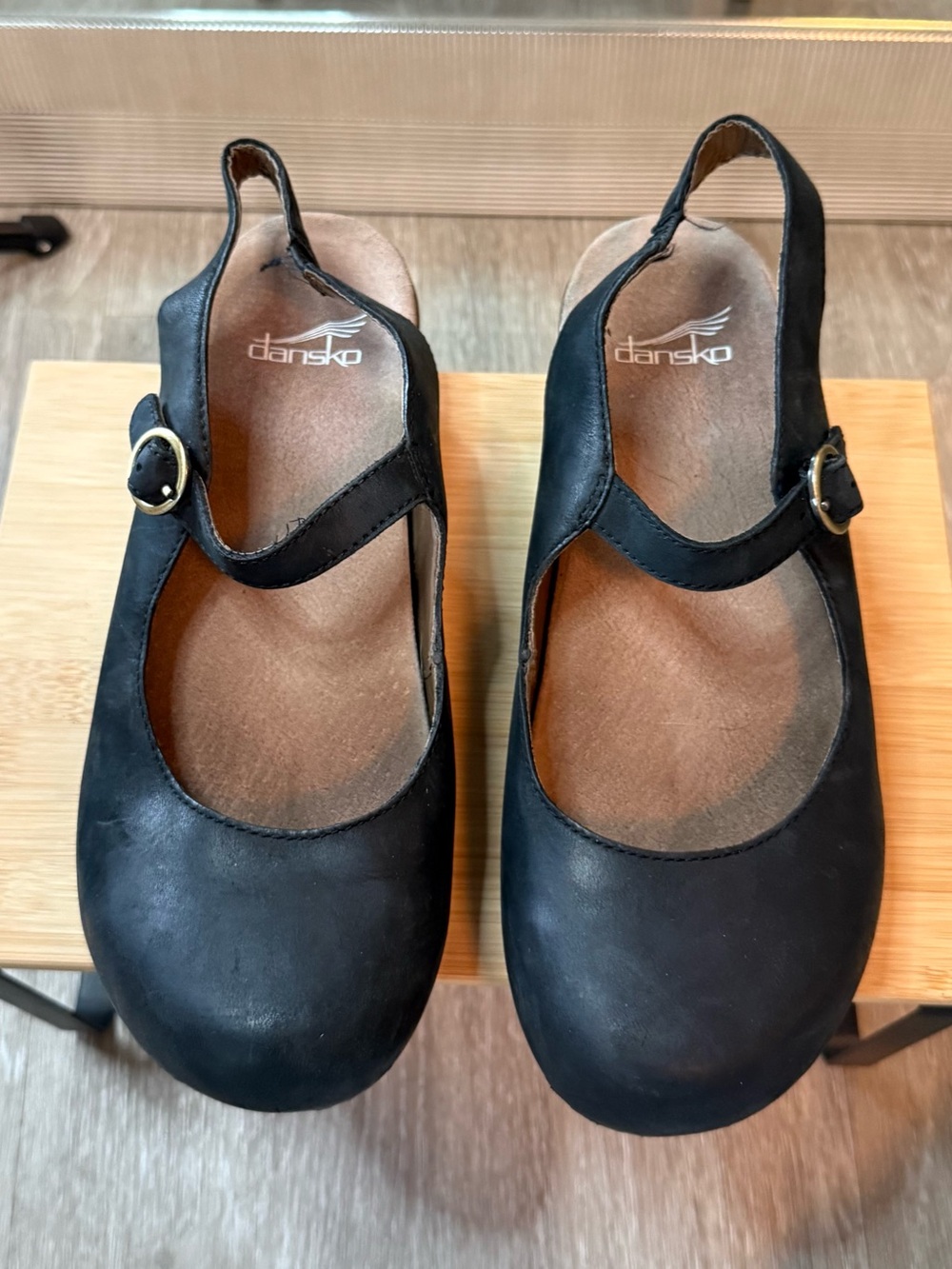 Women's Black Mary Jane Slingback Shoes with Low Wood Wedge